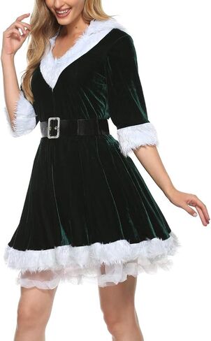 Women's Christmas Mini Dress Plush Sashes Decorated V-neck Short Sleeve Hooded Dress Sexy Santa Costumes Fancy Dress in Saudi Arabia