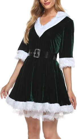 Women's Christmas Mini Dress Plush Sashes Decorated V-neck Short Sleeve Hooded Dress Sexy Santa Costumes Fancy Dress in Saudi Arabia