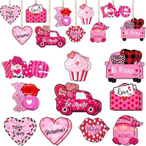 20 Pieces Valentine's Day Wooden Ornaments Embellishments Heart Truck Gnome Hanging Decorations with Ropes for Valentine's Day Wedding Party (Romantic Style)