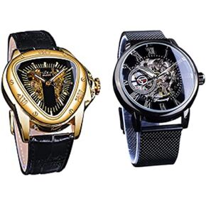Winner Fashion Mechanical Wrist Watch Triangle Racing Dial, Waterproof Golden Skeleton Dial Automatic Movement Leather Design Mechanical Watch for Men