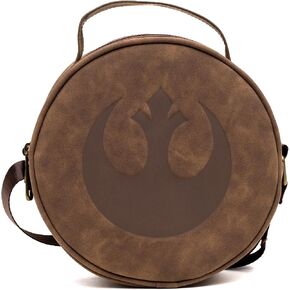Star Wars Vegan Leather Round Crossbody Bag with Adjustable Straps, Rebel Alliance Insignia Emblem Debossed, Brown