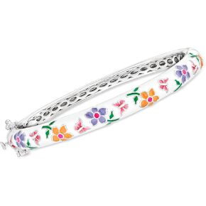 Ross-Simons Multicolored Enamel Flower Bangle Bracelet in Sterling Silver. 8 inches