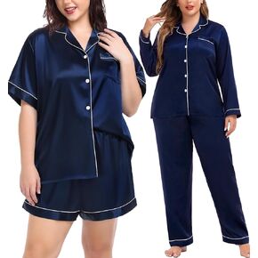 SWOMOG Womens Plus Size Pajama Sets Silk Satin 4 Pcs Pajamas Button Down Loungewear Silky Sleepwear Nightwear 16W-26W