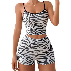 Women's 2 Piece Pajama Set Zebra Print Cami Crop Top and High Waist Shorts Sets Nightwear Pj Sets