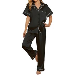 Women's silky sleepwear set, button up sleepwear, short sleeved sleepwear with pants, soft home wear