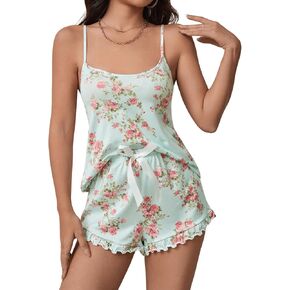 Floerns Women's 2 Piece Floral Printed Ruffle Pajama Sleeveless Cami Shorts Pjs Sets