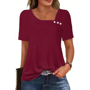 Soesdemo Womens Summer Tops Asymmetrical Neck Short Sleeve Button Dressy Casual Lightweight Tunic T Shirts Blouse