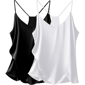 Ekouaer Womens Satin Cami Tops 2 Pack V Neck Blouse Spaghetti Strap Silk Camisole Tank Top
