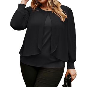 Hanna Nikole Women Plus Size Tops Dressy Chiffon Layered Sophisticated Flowy Long Sleeve Blouse Loose Casual Work Shirt