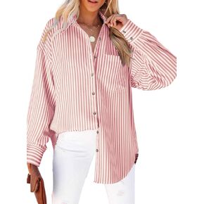 Dokotoo Womens Tops Trendy V Neck Long Sleeve Button Down Shirts Casual Oversized Striped Blouses Tops