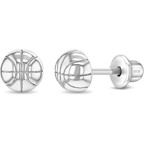 925 Sterling Silver Polished Basketball Safety Screw Back Earrings For Little Girls and Preteens - Children's Sports Ball Stud Earrings - Basketball Sports Themed Girls Earrings