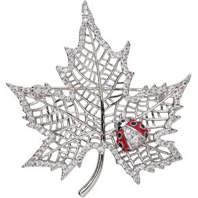 YACQ Women's Ladybug on Fall Leaf Pin Brooch - CZ & Enamel Fall Jewelry - Ultra Light - 2 x 1-3/4 Inches - Scarf Holders - Perfect for Blouse Jacket Coat Handbag