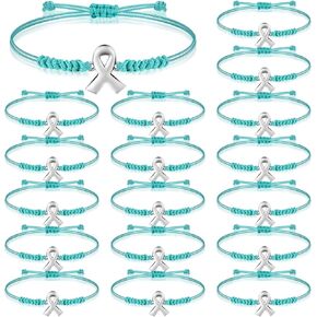 Sasylvia 20 Pcs Ovarian Cancer Awareness Bracelets Adjustable Cord Teal Ribbon Braided Bracelets Inspirational Ovarian Cancer Gifts for Women Jewelry Accessories