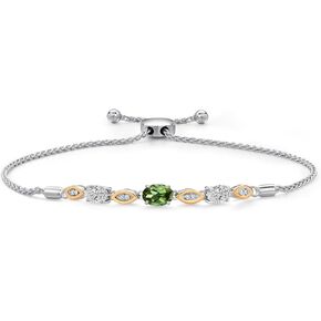 Gem Stone King 925 Silver and 10K Yellow Gold Green Tourmaline and Lab Grown Diamond Bracelet For Women | 1.56 Cttw | Gemstone October Birthstone | Oval 7X5MM | Fully Adjustable 9 Inch