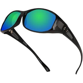 Unisex Fit Over Wrap Sunglasses Polarized Lens Wear Over Eyeglasses UV400 Protection Shades for Men and Women Outdoor Activities Driving, Fishing- Shiny Black/GREEN REVO (pack in Case)