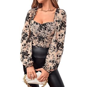 GORGLITTER Women's Floral Mesh Long Sleeve Top Square Neck Ruched Blouse Shirt Coquette Club Tops in Saudi Arabia