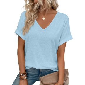 Women V Neck Rolled Sleeve Tops Summer Curved Hem Short Sleeve T Shirts Loose Fit Tees 2025
