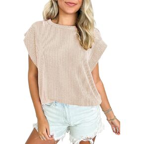 SHEWIN Womens Shirts Casual Crewneck Cap Sleeve T Shirt Cute Summer Tops Loose Knitted Blouses