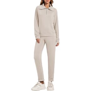 Lounge Wear for Women 2 Piece Set Stand Collar Half Zip Pullover Sweatpants Athletic Clothing Comfy Sets Business Casual Outfits Work Clothes Apricot Large