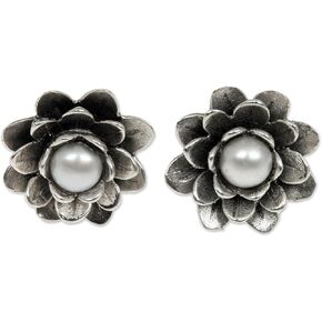 NOVICA Artisan Handmade Cultured Freshwater Pearl Flower Earrings Floral .925 Sterling Silver Button White Indonesia Bridal Birthstone 'Whiteeyed Lotus'