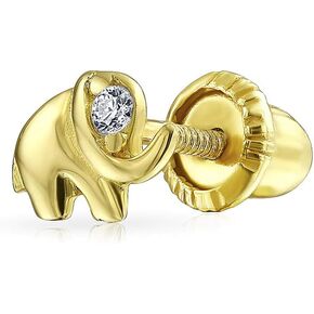 Tiny Minimalist CZ Accent Zoo Animal Lucky Elephant Real Yellow 14K Gold Helix Earlobe Stud Earrings For Women Teen Screw back
