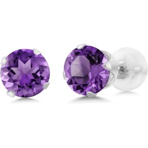 Gem Stone King 1.00 Cttw 14K White Gold Purple Amethyst Stud Earrings For Women Men | Gemstone Birthstone | Round 5MM
