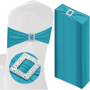CHENGU 50 Pcs Spandex Chair Sashes with Square Buckle Slider Stretch Chair Cover Band Universal Elastic Chair Ties Chair Straps Bows for Wedding Banquet Event Party Decoration(Lake Blue)