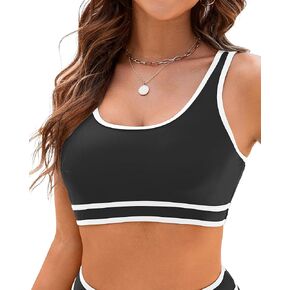 Bikini Tops for Women Color Block Sporty Swimsuit Tankini Bathing Suit Crop Tops Adjustable Straps Padded Top Only