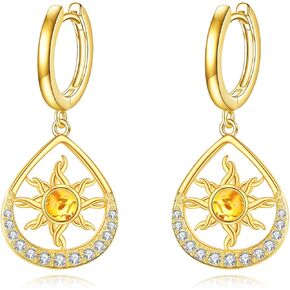 TIGER RIDER 14K Gold Plated Sun Earrings Sterling Silver Hoop Huggie Earrings Amber Jewelry for Women Birthday