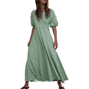 Acelitt Women Casual Trendy Summer Crewneck Puff Sleeve Midi Dress, S-XXL