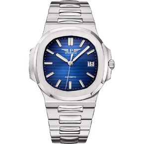 Automatic Watches for Men, Elegant Oval Watch Stainless Steel Strap Skeleton Self-Winding Mechanical Watch Blue Wrist Watch Gift for Men