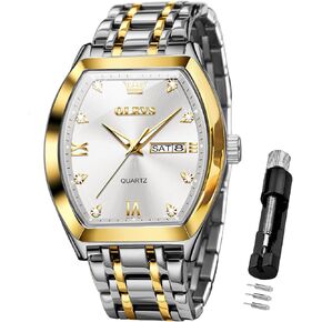 OLEVS Gold Watches for Men Design Diamond Square Tonneau Stainless Steel Waterproof Luminous Unique Luxury Business Day Date Wrist Watches Mens