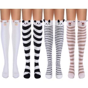 EBOOT 4 Pairs of Women's Thigh High Fuzzy Socks - Cute Cartoon over Knee Stockings with Fluffy Kawaii Stripes - Warm Winter Leg Warmers for Girls (Mouse, Sheep, Cat, Panda)