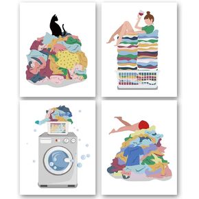 SUUURA-OO Laundry Room Wall Art Decor Prints Set of 4(8"x10" Unframed), Creative Illustration Laundry Room Rules Humorous Laundry Sign Posters for Women Mom Girl Sister Laundry Room