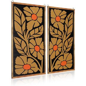 2 Pcs Floral Wall Art Mid Century Modern Flowers Wall Decor Wooden Boho Abstract Flowers Poster Print Botanical Painting Hanging Decor for Bedroom Living Room Office (Rhomboid,Flower)