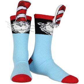 Bioworld Dr. Seuss Cat in The Hat 3D Striped Hat Design Chenille Soft And Fluffy Men's Crew Socks