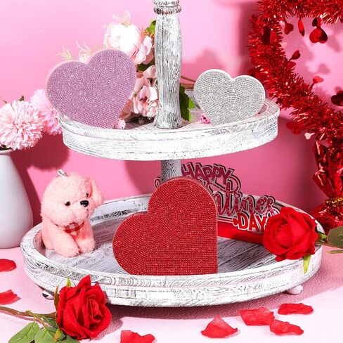 Queekay Set of 3 Rhinestone Valentine's Day Heart Wooden Sign Glitter Heart Shape Decorations Valentines Centerpiece Freestanding Love Table Decoration for Wedding Anniversary Party (Cute Style) in Kuwait
