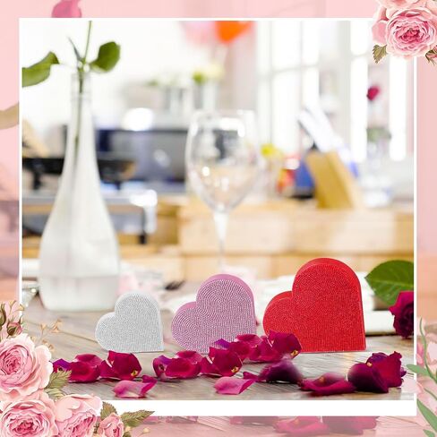 Queekay Set of 3 Rhinestone Valentine's Day Heart Wooden Sign Glitter Heart Shape Decorations Valentines Centerpiece Freestanding Love Table Decoration for Wedding Anniversary Party (Cute Style) in Kuwait