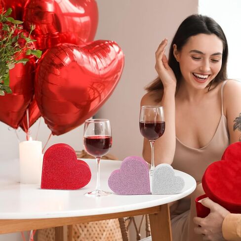Queekay Set of 3 Rhinestone Valentine's Day Heart Wooden Sign Glitter Heart Shape Decorations Valentines Centerpiece Freestanding Love Table Decoration for Wedding Anniversary Party (Cute Style) in Kuwait
