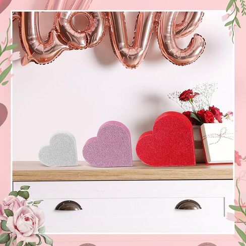 Queekay Set of 3 Rhinestone Valentine's Day Heart Wooden Sign Glitter Heart Shape Decorations Valentines Centerpiece Freestanding Love Table Decoration for Wedding Anniversary Party (Cute Style) in Kuwait