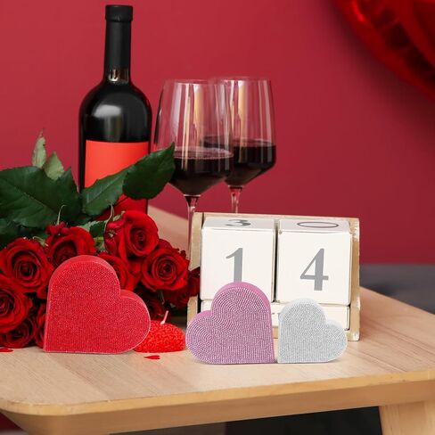 Queekay Set of 3 Rhinestone Valentine's Day Heart Wooden Sign Glitter Heart Shape Decorations Valentines Centerpiece Freestanding Love Table Decoration for Wedding Anniversary Party (Cute Style) in Kuwait
