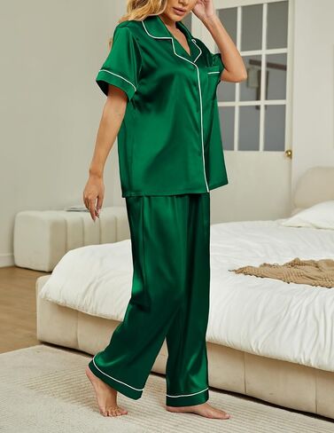 Women's silky sleepwear set, button up sleepwear, short sleeved sleepwear with pants, soft home wear in Saudi Arabia