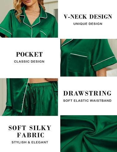 Women's silky sleepwear set, button up sleepwear, short sleeved sleepwear with pants, soft home wear in Saudi Arabia