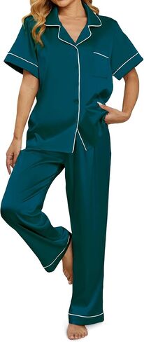 Women's silky sleepwear set, button up sleepwear, short sleeved sleepwear with pants, soft home wear in Saudi Arabia