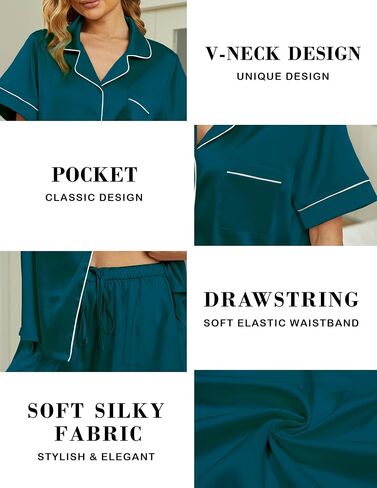 Women's silky sleepwear set, button up sleepwear, short sleeved sleepwear with pants, soft home wear in Saudi Arabia