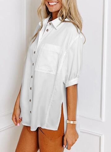 Astylish المرأة 2025 قميص دينيم الصيف المتضخم قصيرة الأكمام الخامس الرقبة زر أسفل شامبراي بلوزة مع جيب in Kuwait