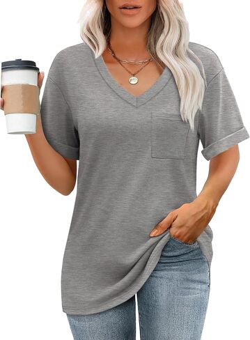 WIHOLL Womens T Shirts V-Neck Short Sleeve Summer Tops Casual Basic Tees 2025 Trendy in Saudi Arabia