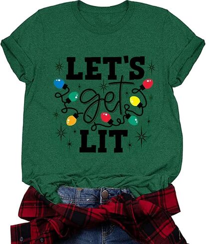 Christmas Shirts for Women Let's Get Lit Shirt Cute Lights Graphic Short Sleeve Xmas Tops Tees in Kuwait