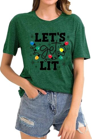 Christmas Shirts for Women Let's Get Lit Shirt Cute Lights Graphic Short Sleeve Xmas Tops Tees in Kuwait