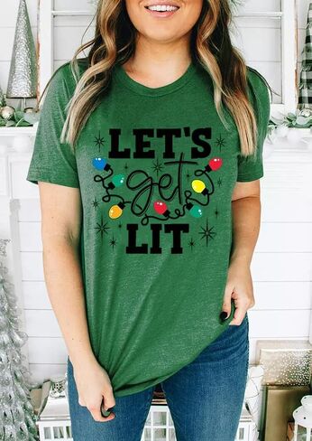 Christmas Shirts for Women Let's Get Lit Shirt Cute Lights Graphic Short Sleeve Xmas Tops Tees in Kuwait